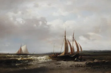Küstenszene mit Fischern, die ihr Boot am Ufer pflegen